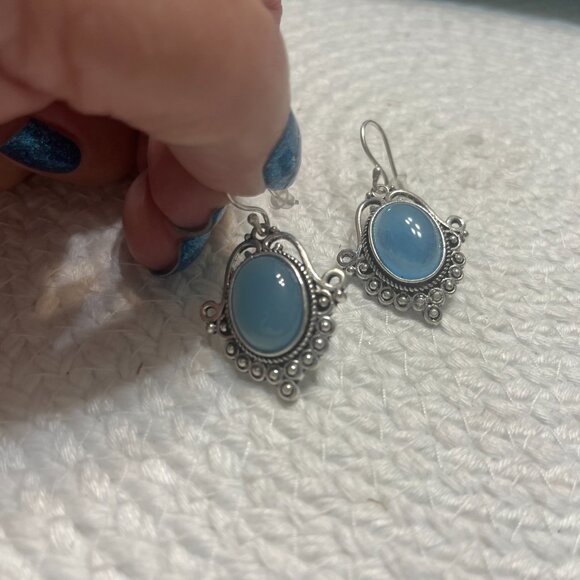 Victorian BLUE CHALCEDONY Handmade Sterling 925 Dangle Earrings #290D - Picture 2 of 3